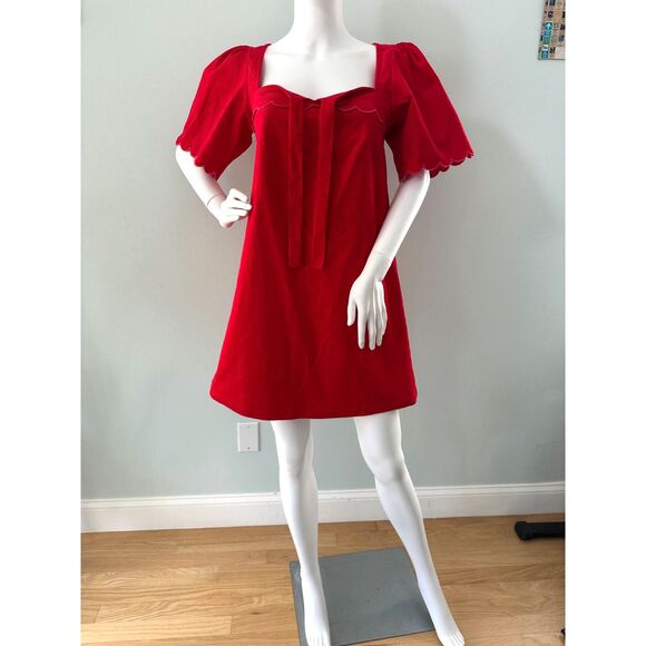 Smith & Quinn Red Corduroy Scallop Puff Sleeve Babydoll Mini Dress size Small - Picture 7 of 8